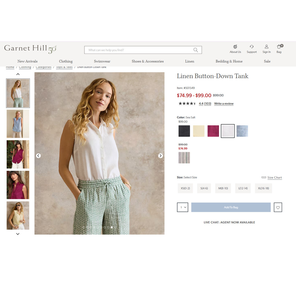 Garnet Hill 100% Linen Button-Down Tank White Size Medium $99 - Picture 2 of 6